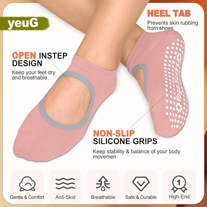 yeuG Grip Pilates Socks for Women Yoga Socks with Grips Open Top Non Slip Grippy Socks for Barre, Ballet, Barefoot Workout