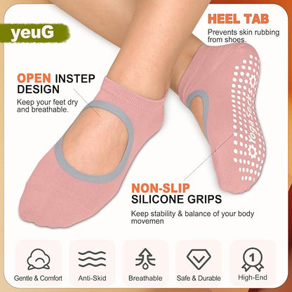 yeuG Grip Pilates Socks for Women Yoga Socks with Grips Open Top Non Slip Grippy Socks for Barre, Ballet, Barefoot Workout