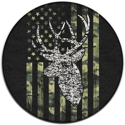 Large Home Decor Mat, Soft Round Yoga Carpet, Non-Slip Machine Washable Kitchen Office Circle Rug Compatible with Deer Camo Camouflage American Flag Hunting Black