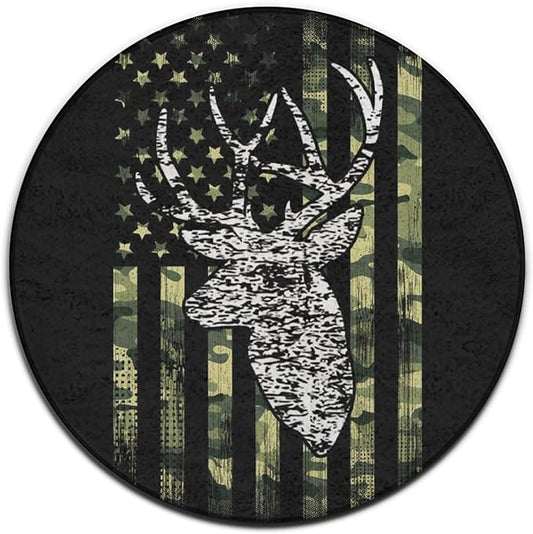 Large Home Decor Mat, Soft Round Yoga Carpet, Non-Slip Machine Washable Kitchen Office Circle Rug Compatible with Deer Camo Camouflage American Flag Hunting Black