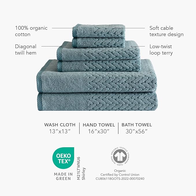 Texere 100% Organic Cotton Jacquard 650 GSM Premium Bath Towel Sets - Extra Absorbent Quick Dry and Plush (Cable, Birch, 2 Bath Towels)