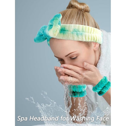 VELSCRUN Spa Headband, Makeup Face Wash Skincare Headbands, 5 Pcs Green Colorful Sponge Bow Tie Get Ready HairBand Facial Wristband Hair Clips Set, Stuff for Teen Girls Women Trendy Hair Accessories