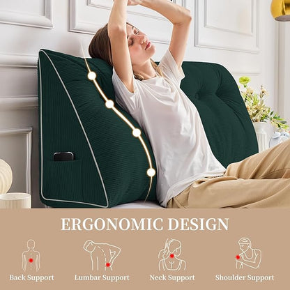 Sasttie Headboard Pillow Full, Wedge Pillow Headboard for Sitting Up in Bed, Back-Rest Support Triangular Cushion for Reading - Features Removable Washable Cover, Green