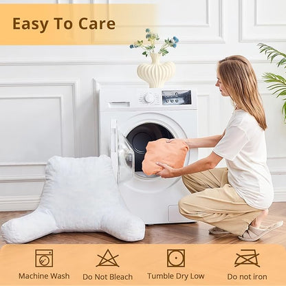 Sasttie Reading Pillow, Velvet Back Pillow for Bed Sitting Up, Adult Back-Rest Support Cushion with Arms for Sit Up on Couch, Sofa, and Floor, Dorm Essentials, Reading Accessories, Light Salmon