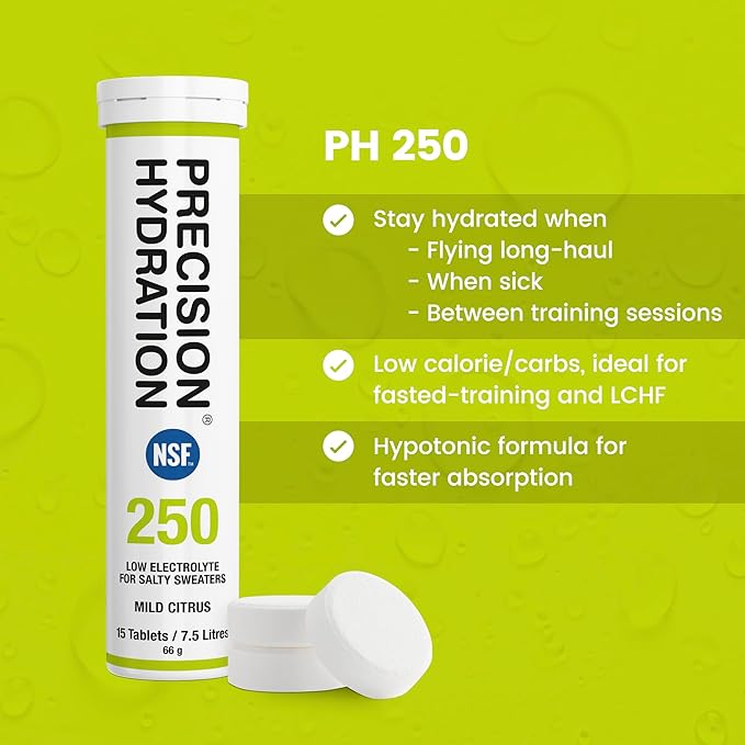 Precision Hydration Electrolyte Drink - Multi Strength Effervescent Hydration Tablets - Low Calorie, Gluten Free, Vegan/Vegetarian Friendly (1 Tube, 250mg/L - Green Tube)