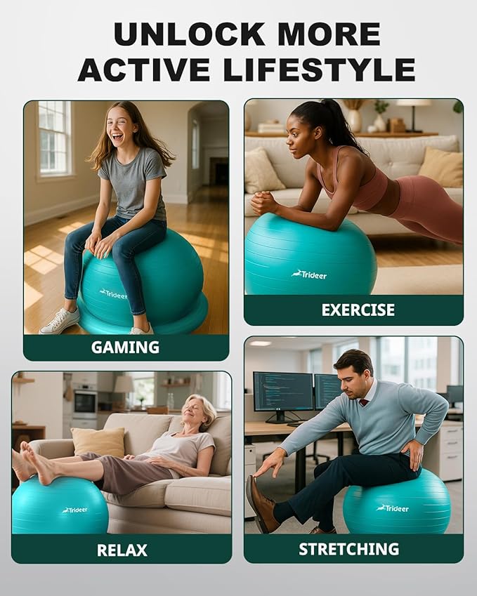 Trideer Exercise Yoga Ball Chair with Base for Home Office Desk, Stability & Fitness Ball Seat to Relieve Back Pain, Home Gym Workout for Abs, Pregnancy Ball with Pump
