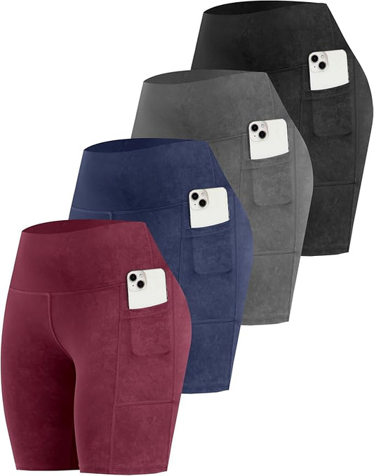 CHRLEISURE Womens Biker Yoga Shorts with Pockets: High Waisted Tummy Control Spandex Workout Athletic Gym Shorts 4 Packs