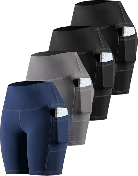 CHRLEISURE Womens Biker Yoga Shorts with Pockets: High Waisted Tummy Control Spandex Workout Athletic Gym Shorts 4 Packs