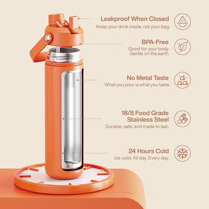 Insulated Water Bottle with Straw Stainless Steel Water Bottle, Leak-Proof, BPA-Free, Double Wall Vacuum Keeps Cold for 24 Hours for Sports, Travel, School (26 oz, Moderate Orange)