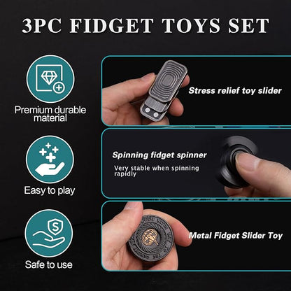 Fidget Toys Adults Set, Metal Fidget Slider, Spinner and Haptic Coin, Decompression Metal EDC Cool Figette Toys for Adults Anxiety Relieve Stress, Greater Focus, 3 Pack Black