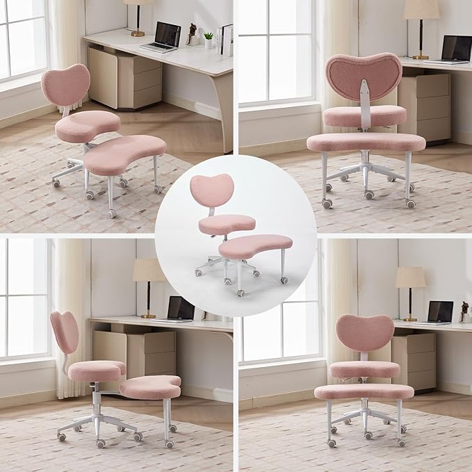 Meditation Chair with Wheels, Ergonomic Criss Cross Chair, Adjustable ADHD Floor Sitting Chair, Swivel Cross Legged Office Chair with High Back, Kneeling Posture Chair, Teddy Fabric,Pink