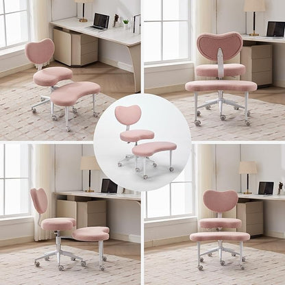 Meditation Chair with Wheels, Ergonomic Criss Cross Chair, Adjustable ADHD Floor Sitting Chair, Swivel Cross Legged Office Chair with High Back, Kneeling Posture Chair, Teddy Fabric,Pink