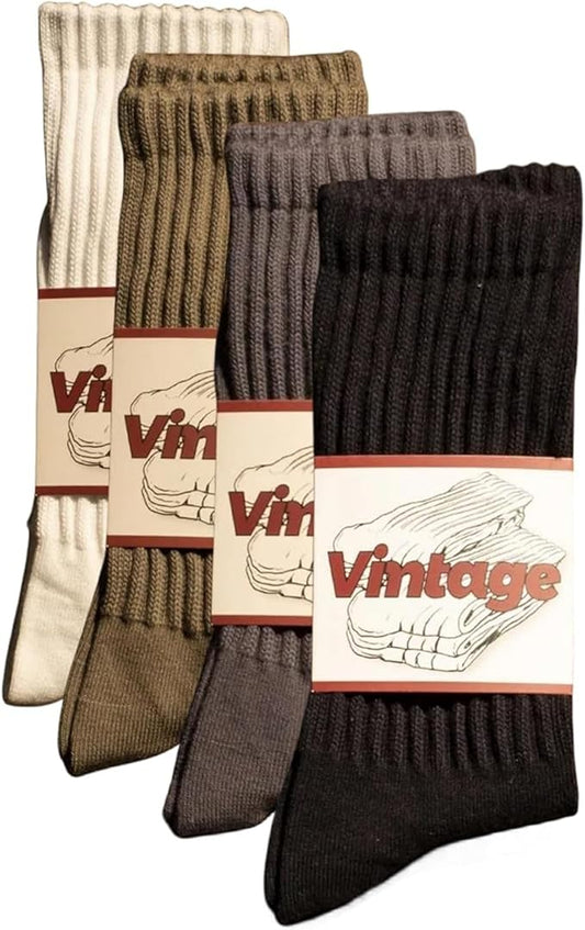 4 Pairs Natural 98% Cotton Crew Socks - Seamless, Breathable, Cozy Fall & Winter Socks for Women & Men