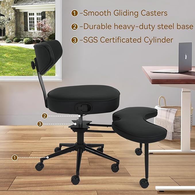 ELECWISH Meditation Chair Pro, ADHD Chair for Adults with Wing Back Support, Criss Cross Kneeling Yoga Desk Office Use with Wheels, Height Adjustable seat and Leg Rest, Black