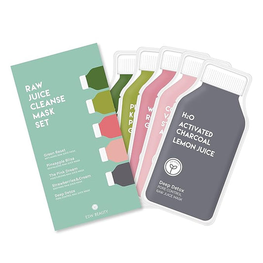 ESW Beauty Raw Juice Face Masks - 10-Pack Skincare Set - Hydrating, Anti-Aging, Moisture Repair, Pore Control, Soothing & Revitalizing with Watermelon, Kale & Charcoal
