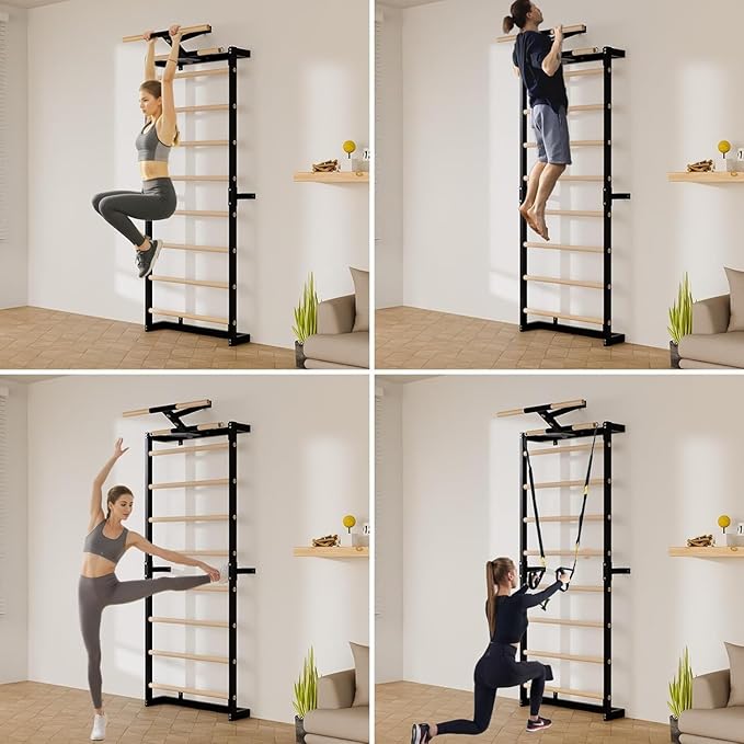 Swedish Ladder, Wood Stall Bars Suspension Trainer with Pull-Up Bar & Rings for Straps, Swedish ladders Wall Gym Adult, Wall-Mounted Workout Ladder for Home, Gym, School