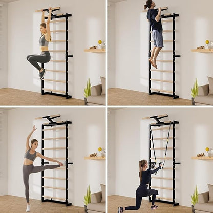 Swedish Ladder, Wood Stall Bars Suspension Trainer with Pull-Up Bar & Rings for Straps, Swedish ladders Wall Gym Adult, Wall-Mounted Workout Ladder for Home, Gym, School