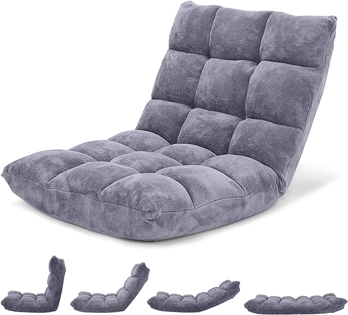 Giantex Folding Floor Chair with Back Support, 14 Adjustable Position, Padded Sleeper Bed, Couch Recliner, Gaming Floor Chairs for Adults, Meditation, Living Room (Grey)