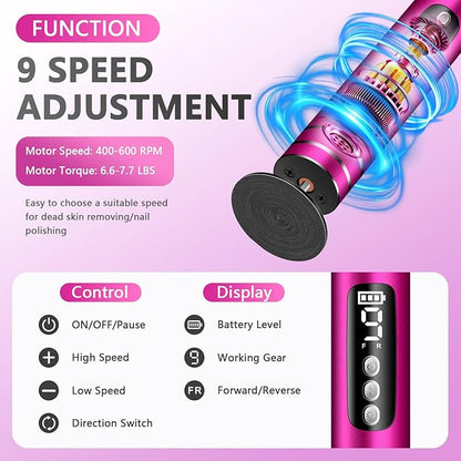 EAONE Portable Electric Foot File-Callus Remover for Feet, Professional 2 in 1 Foot/Nail Filer -Digital Display for Battery Level & 9 Speed Control-Rechargeable Pedicure Tool for Dead Skin (Silver)