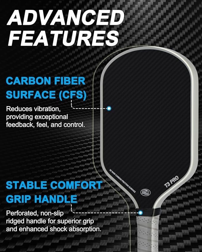 Pickleball Paddle - 3K Raw Carbon Fiber Surface (CFS) + Carbon Abrasion Surface (CAS) with High Grit & Spin, Sure-Grip Elongated Handle, Pickle Ball Paddle with 16mm Polypropylene Honeycomb Core