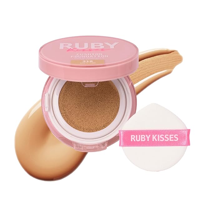Ruby Kisses Cushion Foundation, Full Coverage Korean Makeup, Lightweight & Long Lasting, All Day Natural Glowy Finish for All Skin Types with Hyaluronic Acid & Bakuchiol (Soft Tan, 0.52 Ounce)