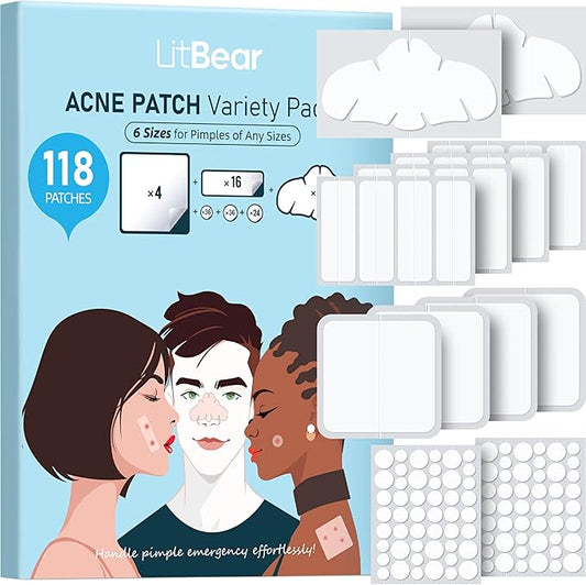 LitBear Large Pimple Patches for Face (6 Sizes 118 Pcs), Big Hydrocolloid Acne Patches, XL Hydrocolloid Bandages for Body, Cheek, Forehead, Chin, Full Face, Back, Nose