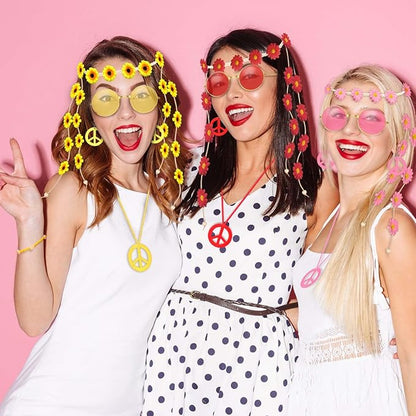 6 Pcs Hippie Costume Accessories Set, Flower Hippie Headband Boho Peace Sign Necklace Earrings Sunglasses Bracelet