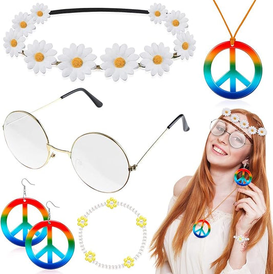 Batiyeer 6 Pcs Hippie Costume Accessories Set, Boho Peace Sign Daisy Flower 60s 70s Party Favors Decor for Groovy Party Women