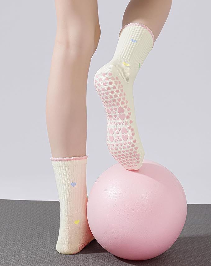 Yawlsow Pilates Grip Socks for Women Yoga Grippy Socks Cute Barre Non Skid Athletic Crew Sticky Sock Workout Hospital