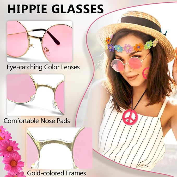 Hippie Costume Accessories Set Peace Sign Necklace Sunglasses Flower Headband Earrings for 60s 70s Outfit Party Women