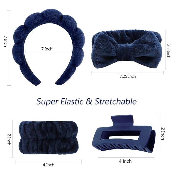 VELSCRUN Spa Headbands for Wash Face, Makeup Headband, Facial Skincare Headbands, 5 Pcs Dark Blue Puffy Sponge Spa Headband Bow Tie Hair Band Hair Clips Wristband Set Women Girls Accessories