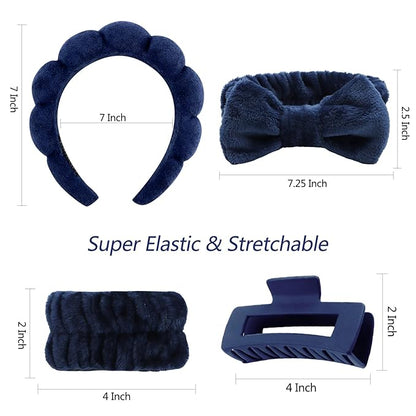 VELSCRUN Spa Headbands for Wash Face, Makeup Headband, Facial Skincare Headbands, 5 Pcs Dark Blue Puffy Sponge Spa Headband Bow Tie Hair Band Hair Clips Wristband Set Women Girls Accessories