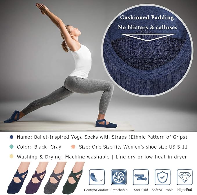 Ozaiic Yoga Socks for Women Non-Slip Grips & Straps, Ideal for Pilates, Pure Barre, Ballet, Dance, Barefoot Workout
