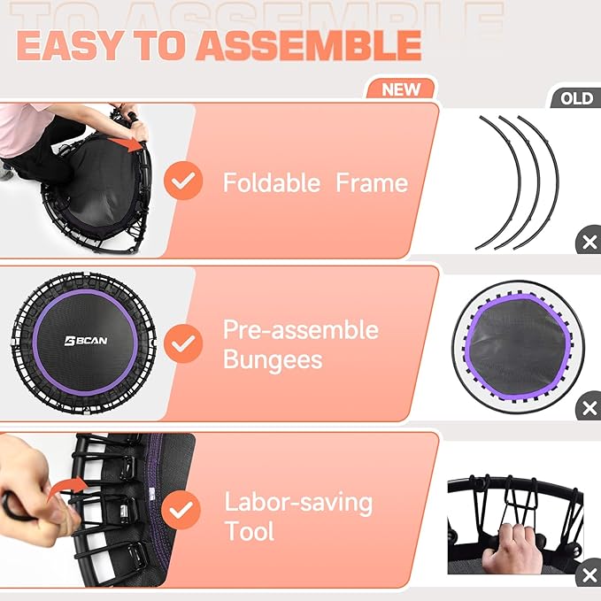 BCAN 450LBS/550LBS Foldable Mini Trampoline, 40"/48" Fitness Trampoline with Durable Bungees, Stable & Quiet Exercise Rebounder for Adults,Great Mini Trampoline for Indoor/Garden Workout - 2