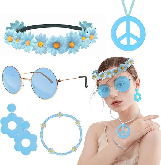 Hippie Costume Accessories Set Peace Sign Necklace Sunglasses Flower Headband Earrings for 60s 70s Outfit Party Women