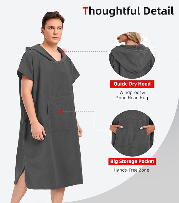 Abahub Surf Poncho Men & Women Towel Poncho Adult with Hood, Thick Quick Dry Changing Poncho Towel, Microfiber Wearable Cover Up for Surfing Beach Swim - Absorbent Changing Towel M (Grey)