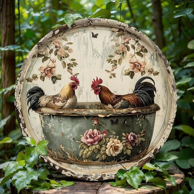 1pc Vintage Round Bathroom Aluminum Metal Decor Sign, 8x8 Inch, Chicken Themed Wreath, Use Without Electricity, No Feathers, with for Home, Living Room Wall Decoration
