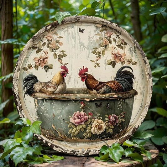 1pc Vintage Round Bathroom Aluminum Metal Decor Sign, 8x8 Inch, Chicken Themed Wreath, Use Without Electricity, No Feathers, with for Home, Living Room Wall Decoration