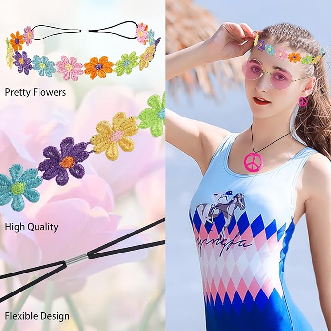 HyperFun Hippie Costume Set Includes Peace Sign Necklace and Earrings, Flower Crown Headband and Colored Hippie Sunglasses