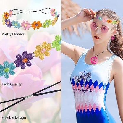HyperFun Hippie Costume Set Includes Peace Sign Necklace and Earrings, Flower Crown Headband and Colored Hippie Sunglasses