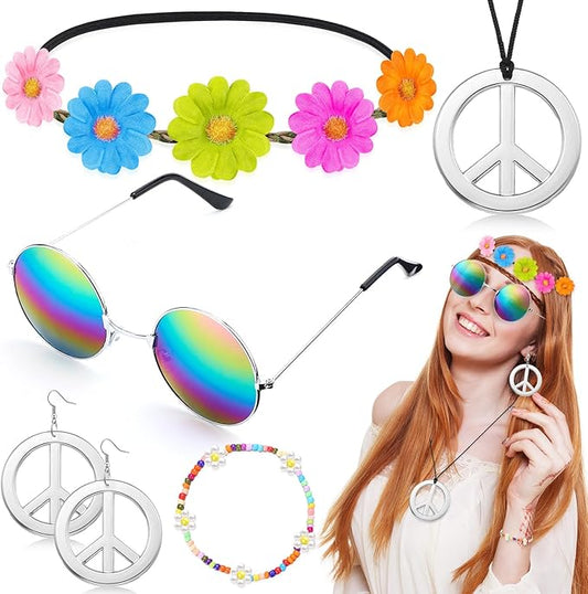 Batiyeer 6 Pcs Hippie Costume Accessories Set, Boho Peace Sign Daisy Flower 60s 70s Party Favors Decor for Groovy Party Women