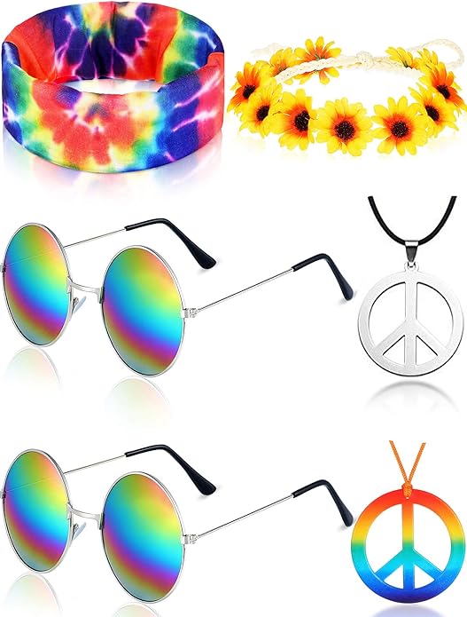 Frienda Hippie Costume Set, Hippie Sunglasses, Peace Sign Necklace and Tie Dye Headband for 60s 70s Accessories