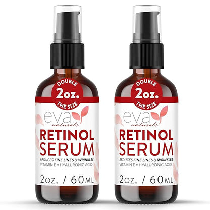 Retinol Serum by Eva Naturals - 2.5% Retinol Serum for Face with Hyaluronic Acid, Vitamin E & Organic Aloe - Retinol Face Serum that Reduce Wrinkles, Fine Lines & Dark Spots - Anti Aging Serum, 2 Pack