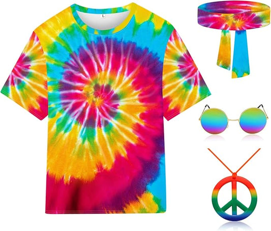 Hippie Costume for Men Women 4PCS Mens 60s 70s Outfit Set Colorful Hippie Shirt Sunglasses Headband Peace Necklace