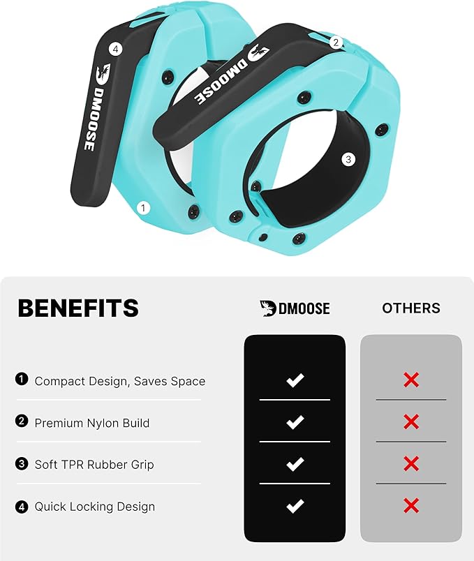 DMoose Fitness Barbell Clips 2 Inch (Pair) - Quick Release Olympic Barbell Clamps & Collars with Anti Slip TRP Grip for Secure Weightlifting and Powerlifting - Weight Clips for Bars at Home or Gym