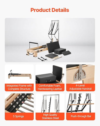 VEVOR Pilates Reformer Machine, Pilates Workout Equipment for Home Gym Studio Use, Pilates Bed with Dual Resistance- Spring & Cord, Reformer Set, Up to 400 LBS