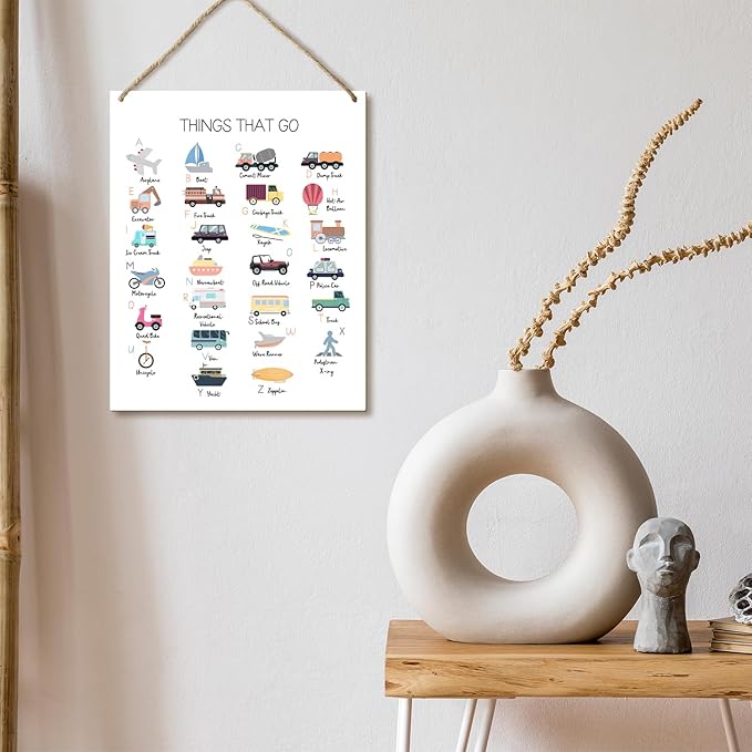 Transportation Alphabet Educational Gift for Girl Boy Daughter Son Teacher Gift Hanging Plaque With Rope Home Wall Decor Sign for Nursery Bedroom Playroom Classroom School -37