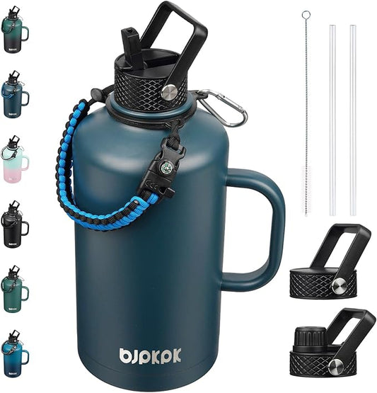 BJPKPK 2/3 Gallon Water Bottle Insulated with Straw Lid, 50oz, 64oz, 87oz, 128oz Large, Stainless Steel Water Bottles with 3 Lids and Paracord Strap, Double Wall Vacuum Metal Water Jug,Navy Blue
