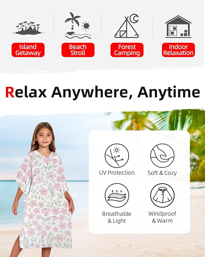 Abahub Surf Poncho Women & Men Towel Poncho Adult with Hood, Thick Quick Dry Changing Poncho Towel, Microfiber Wearable Cover Up for Surfing Beach Swim - Absorbent Changing Towel S (Pink Flower)