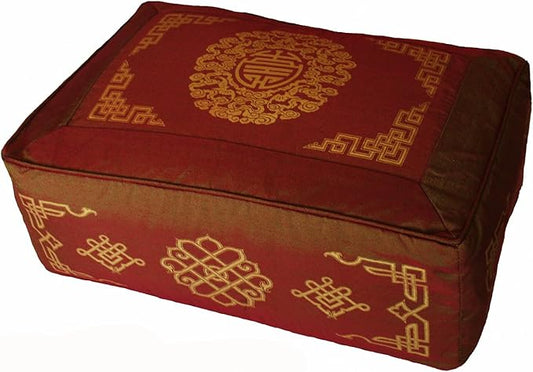 Rectangular Zafu Seat Meditation Cushion Buckwheat and Kapok Fill - Silkscreen Sacred Symbols (Longevity Saffron)